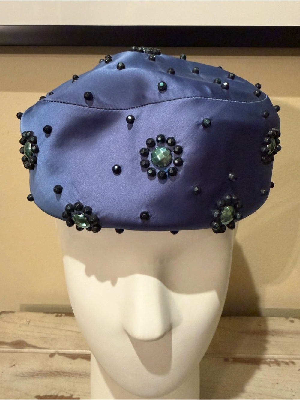 Vintage 1960s Marché Exclusive Blue Satin Beaded Pillbox Hat - Jeweled Florettes